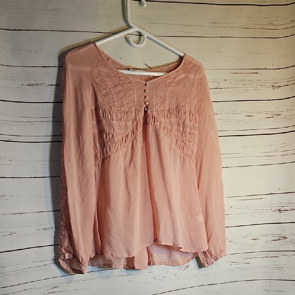 J Jill Petite SP Small Pink‎ Long Sleeve Blouse Top Ruched Details